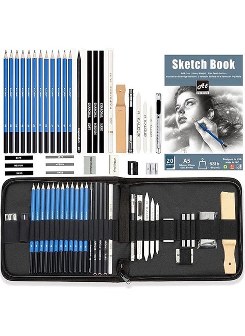 KALOUR Sketching Pencil Set(34 Pack) - Includes Sketchbook - Zippered Travel Case - Sketch Pencil,Charcoal Pencil,Blending Paper,Eraser - Art Drawing Supplies for Beginner, Kids,Adults