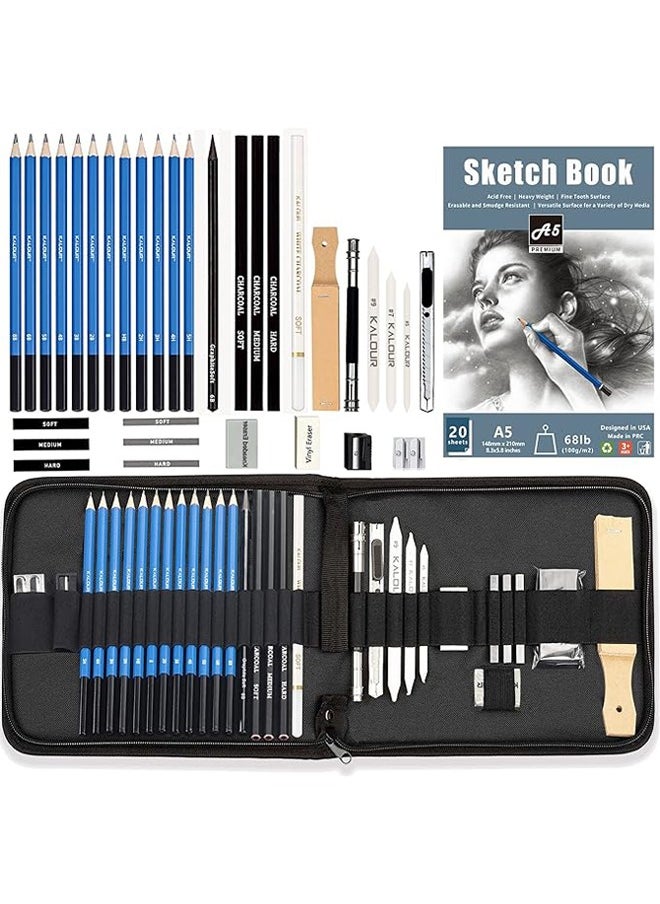 KALOUR KALOUR Sketching Pencil Set(34 Pack) - Includes Sketchbook - Zippered Travel Case - Sketch Pencil,Charcoal Pencil,Blending Paper,Eraser - Art Drawing Supplies for Beginner, Kids,Adults  - Image 1
