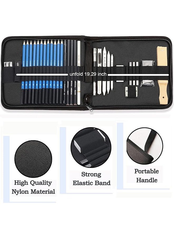 KALOUR Sketching Pencil Set(34 Pack) - Includes Sketchbook - Zippered Travel Case - Sketch Pencil,Charcoal Pencil,Blending Paper,Eraser - Art Drawing Supplies for Beginner, Kids,Adults