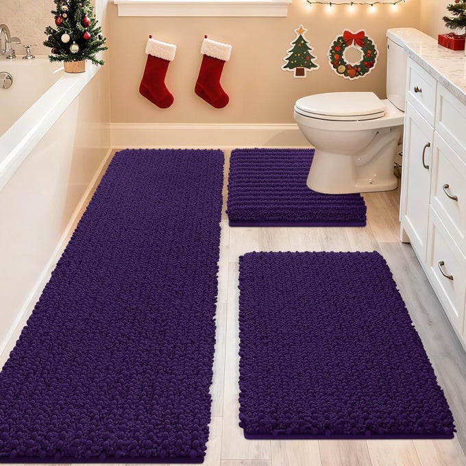 UPGRADE EXTRA LARGE DARK PURPLE BATHROOM RUG SET 3 PIECES ULTRA SOFT THICK ABSORBENT BATH MATS NON SLIP CHENILLE TOILET MAT FOR BATHROOM BEDROOM KITCHEN EGGLANT