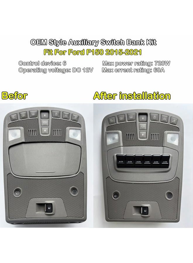 xcarpad OEM Style Auxiliary Switch Bank Kit,Plug&Play Aux Switch Panel Dash 6 Buttons 6x30A for Ford Super Duty F150 F150 F250 F350 F450 F550 (F150 2015-2021), Grey Color - Image 3