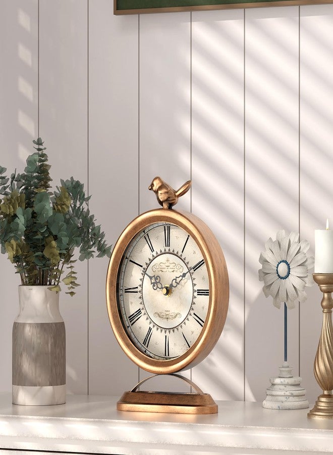 ChimeTide Vintage Table Clock with Bird, European Antique Style Gold Mantel Clocks, Desk and Shelf Decor Clock, for Farmhouse, Bedside, Living Room, Bedroom, Gift (9" H x 6.5" W) - Image 3