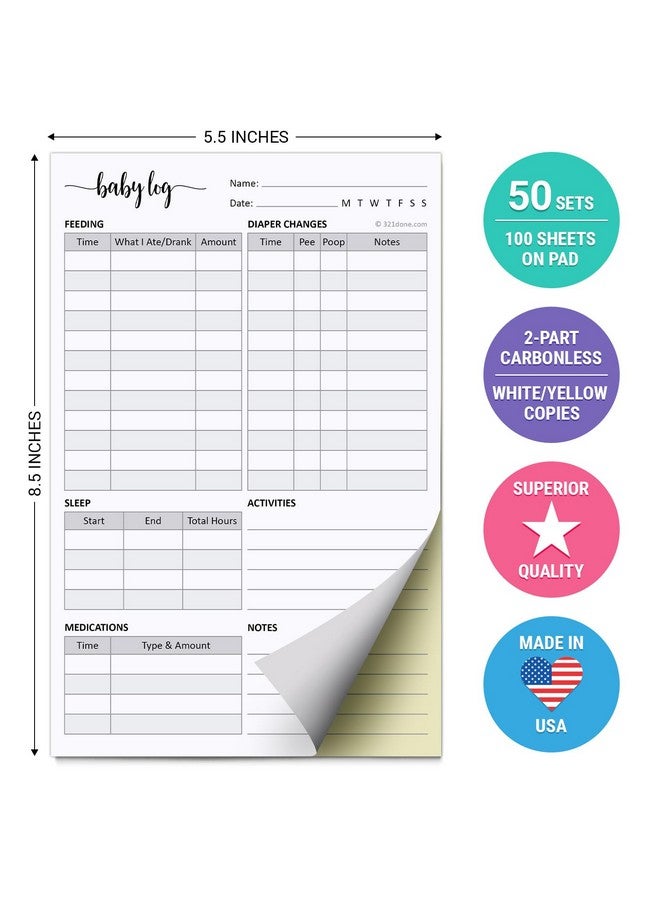 321Done دفتر تسجيل يومي للأطفال بدون كربون من 321Done، صنع في الولايات المتحدة - 5.5x8.5 بوصة، تتبع تغذية المولود الجديد، الحفاضات، النوم والأدوية للآباء، ومقدمي الرعاية، ودور الرعاية النهارية - متتبع يومي للرضع - 50 مجموعة - Image 2