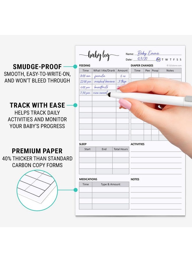 321Done دفتر تسجيل يومي للأطفال بدون كربون من 321Done، صنع في الولايات المتحدة - 5.5x8.5 بوصة، تتبع تغذية المولود الجديد، الحفاضات، النوم والأدوية للآباء، ومقدمي الرعاية، ودور الرعاية النهارية - متتبع يومي للرضع - 50 مجموعة - Image 3
