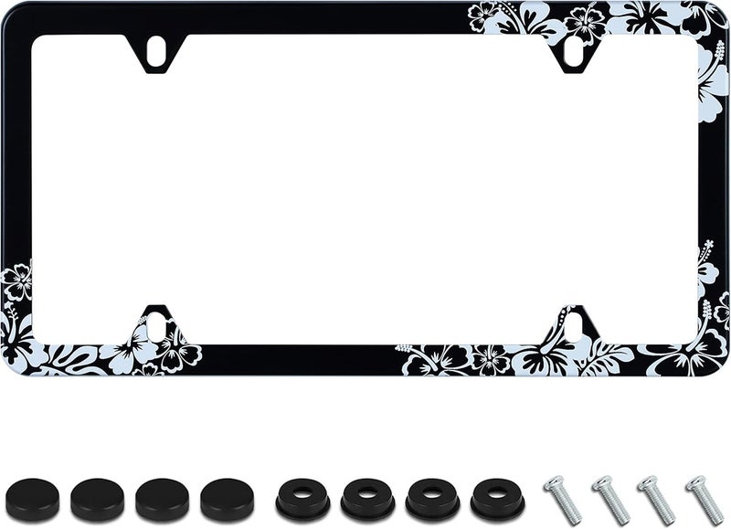 UNINDREM Hibiscus Flower License Plate Frame - Hawaiian Tropical Floral Design, Stainless Steel, Rust-Proof - Image 1
