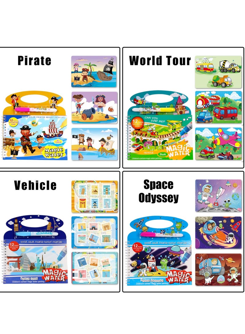 Excefore 4 Pack Water Coloring Books, Repeatedly Scribbling Magic Water Book Vehicle Pirate Space Odyssey World Tour 4 Different Themes Magic Water Paint Coloring Books for Toddler Crafts for Girls Boys - Image 2