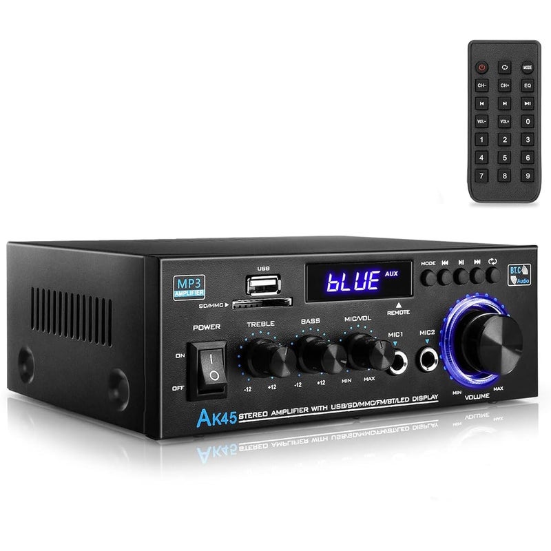 WOOPKER AK45 Audio Amplifier Bluetooth 5.0 HiFi Stereo Amplifier Max 400W 2.0 Channel Audio Power Amplifier Mini AMP Stereo Receiver 12V 5A Power Supply with Remote Control,FM Radio MIC,USB, SD Slot, RCA - Image 1