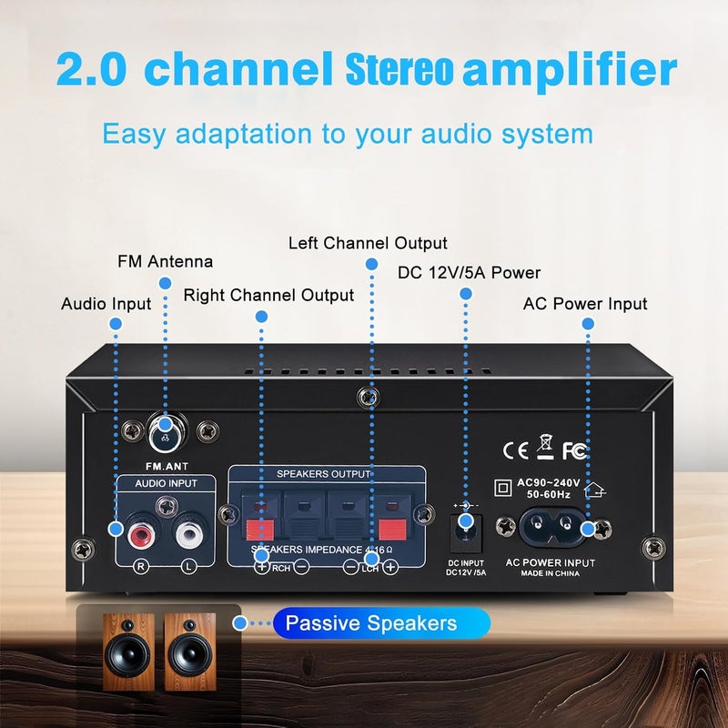 WOOPKER AK45 Audio Amplifier Bluetooth 5.0 HiFi Stereo Amplifier Max 400W 2.0 Channel Audio Power Amplifier Mini AMP Stereo Receiver 12V 5A Power Supply with Remote Control,FM Radio MIC,USB, SD Slot, RCA - Image 3