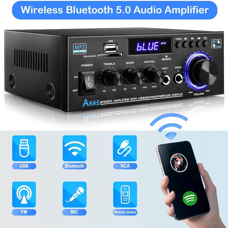 WOOPKER AK45 Audio Amplifier Bluetooth 5.0 HiFi Stereo Amplifier Max 400W 2.0 Channel Audio Power Amplifier Mini AMP Stereo Receiver 12V 5A Power Supply with Remote Control,FM Radio MIC,USB, SD Slot, RCA - Image 4