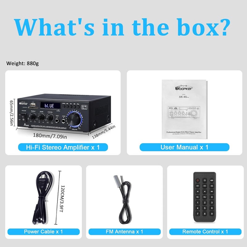 WOOPKER AK45 Audio Amplifier Bluetooth 5.0 HiFi Stereo Amplifier Max 400W 2.0 Channel Audio Power Amplifier Mini AMP Stereo Receiver 12V 5A Power Supply with Remote Control,FM Radio MIC,USB, SD Slot, RCA - Image 5