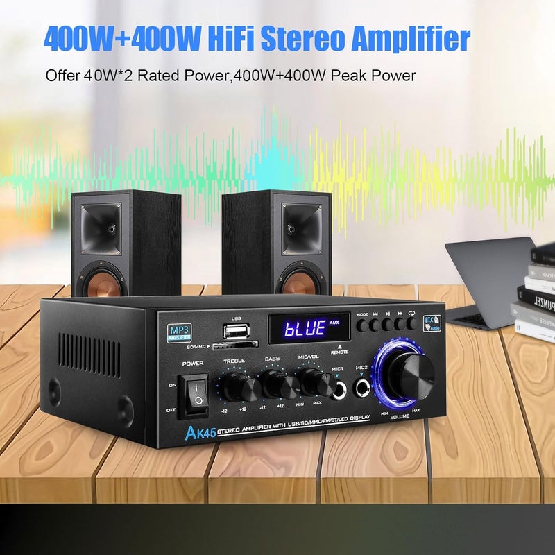 WOOPKER AK45 Audio Amplifier Bluetooth 5.0 HiFi Stereo Amplifier Max 400W 2.0 Channel Audio Power Amplifier Mini AMP Stereo Receiver 12V 5A Power Supply with Remote Control,FM Radio MIC,USB, SD Slot, RCA - Image 2