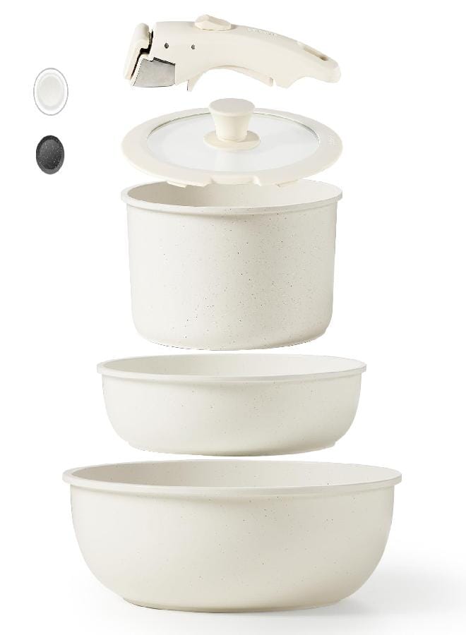 CAROTE CAROTE Nonstick Cookware Sets, Non Stick Pots and Pans Set Detachable Handle, Kitchen Cookware Sets with Removable Handle, Stackable RV Cookware for Campers, Oven Safe (White 5 PCS)  - Image 1