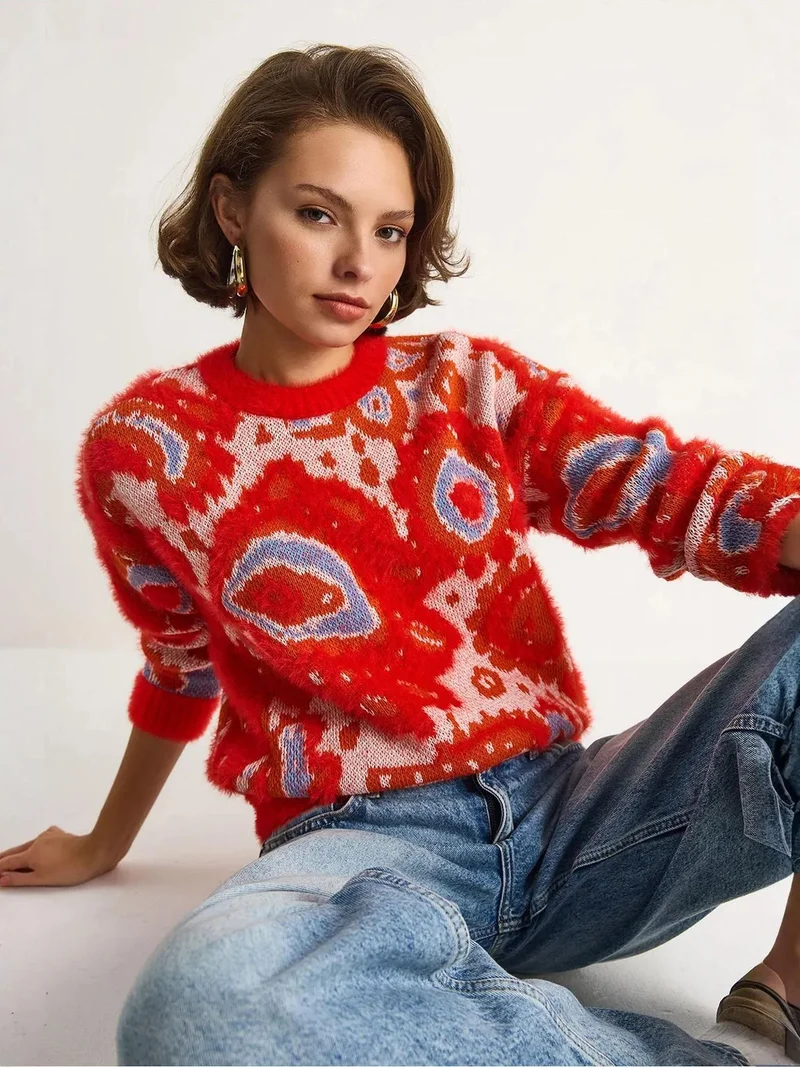 Bianco Lucci LUCCI Patterned Knit Sweater with Crew Neck