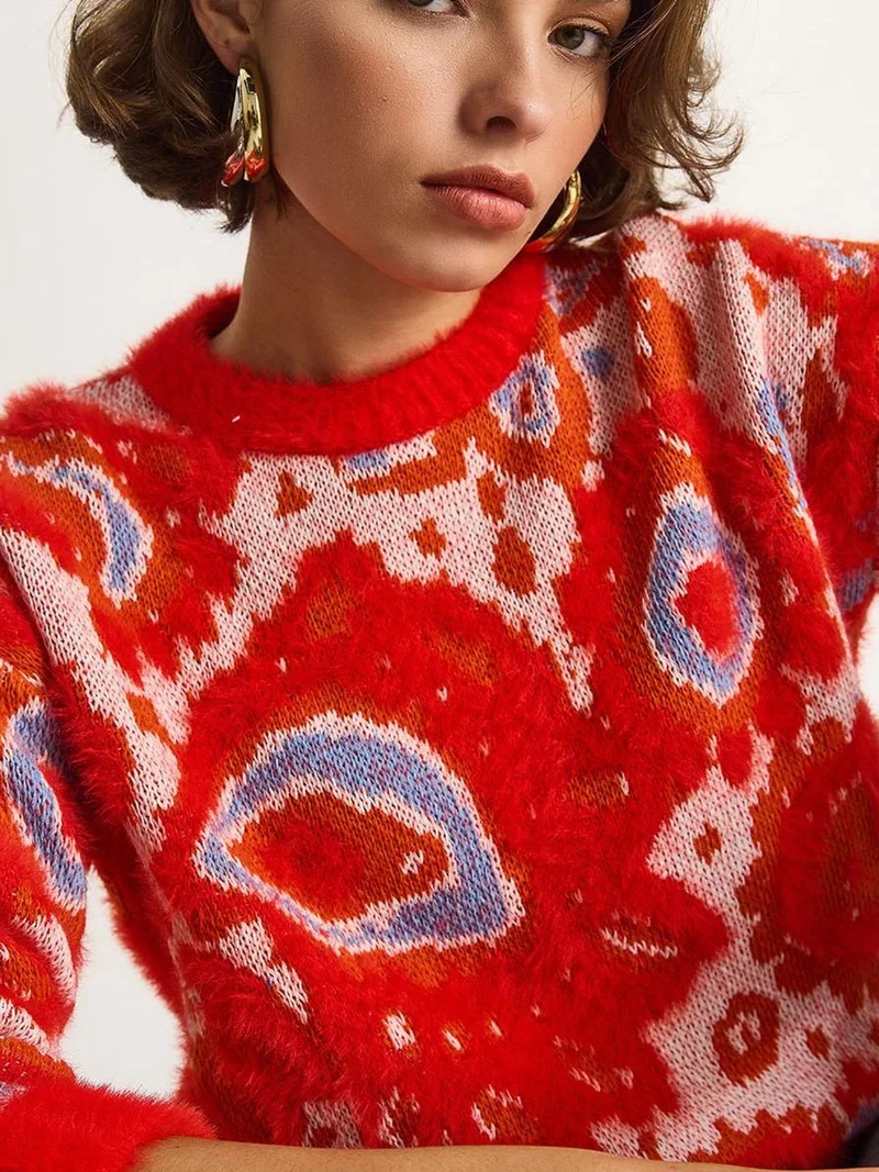 Bianco Lucci LUCCI Patterned Knit Sweater with Crew Neck