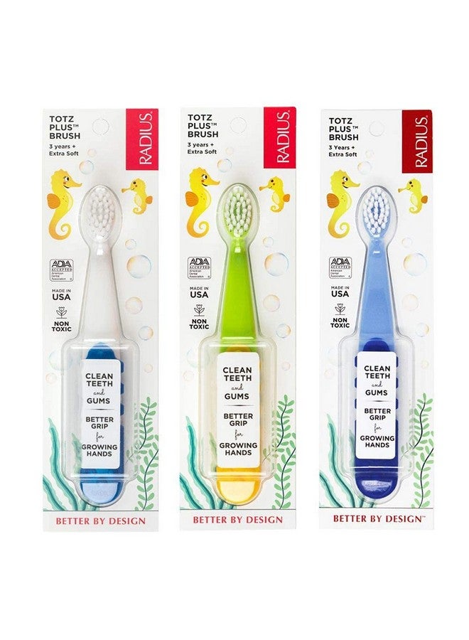 RADIUS Totz Plus Brush Kids Toothbrush Silky Soft BPA Free ADA Accepted Designed for Delicate Teeth & Gums for Children 3 Years & Up - Bluewhite/GreenYellow/Blueblue - Pack of 3 - Image 1