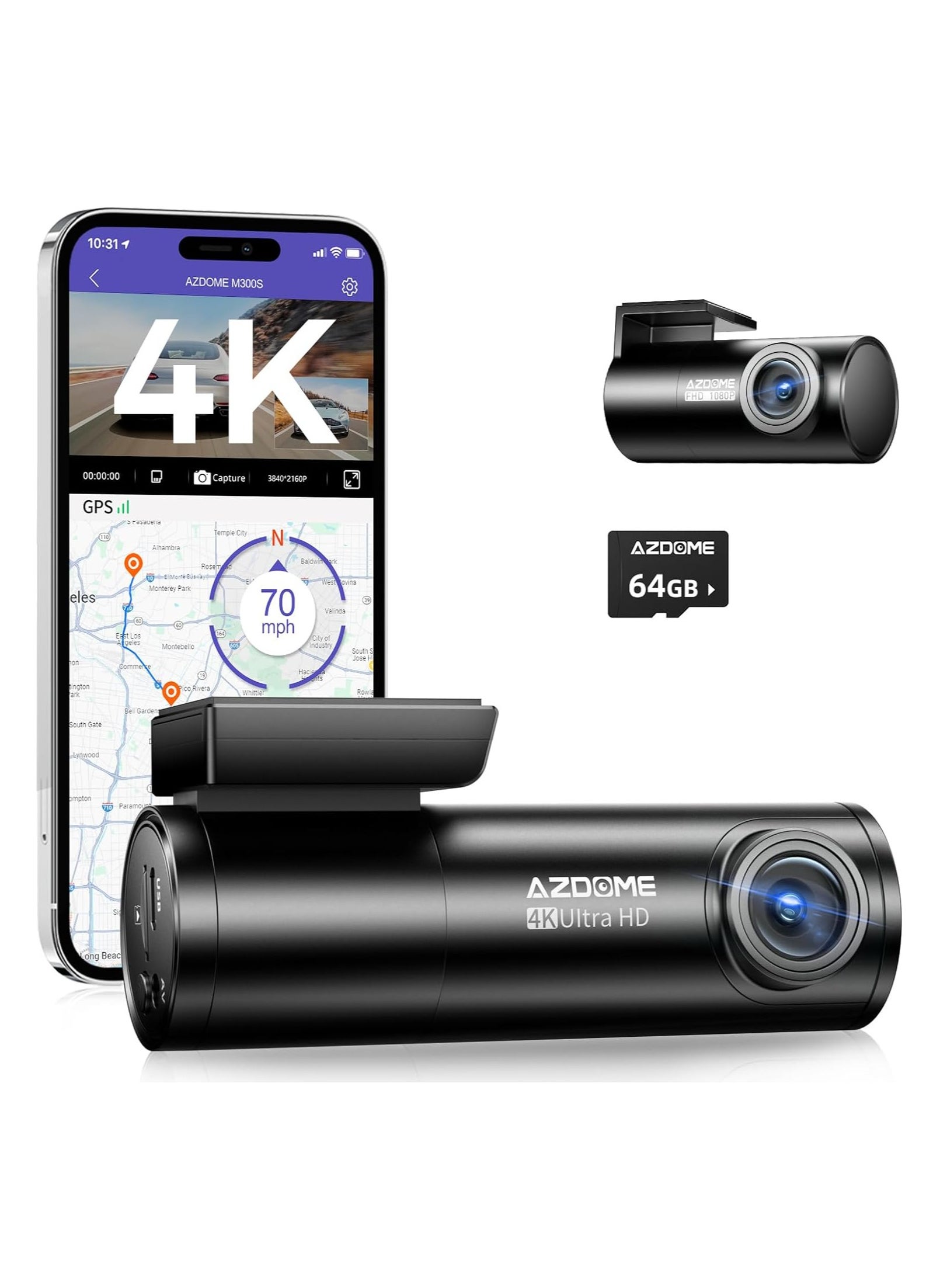 AZDOME 4K Front+ Rear Dash Cam M300S with WiFi, 170° Dash Cam Front and Rear GPS Voice Control WDR Night Vision G-Sensor 24H Parking Monitor, 64GB SD Card included 