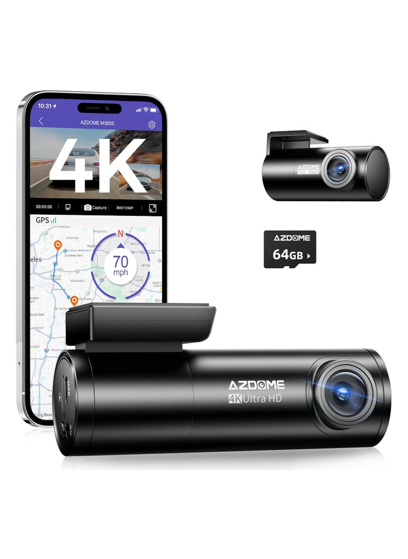 AZDOME - 4K Front+ Rear Dash Cam M300S with WiFi, 170° Dash Cam Front and Rear GPS Voice Control WDR Night Vision G-Sensor 24H Parking Monitor, 64GB SD Card included - Image 1