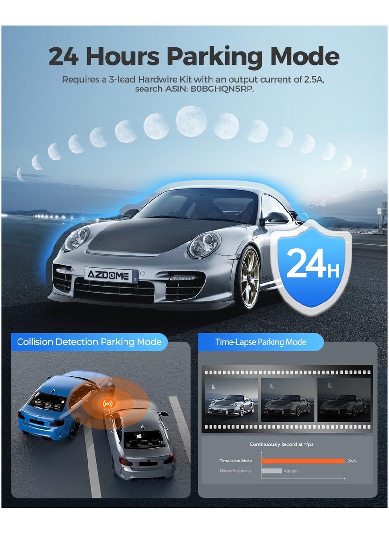 AZDOME - 4K Front+ Rear Dash Cam M300S with WiFi, 170° Dash Cam Front and Rear GPS Voice Control WDR Night Vision G-Sensor 24H Parking Monitor, 64GB SD Card included - Image 1