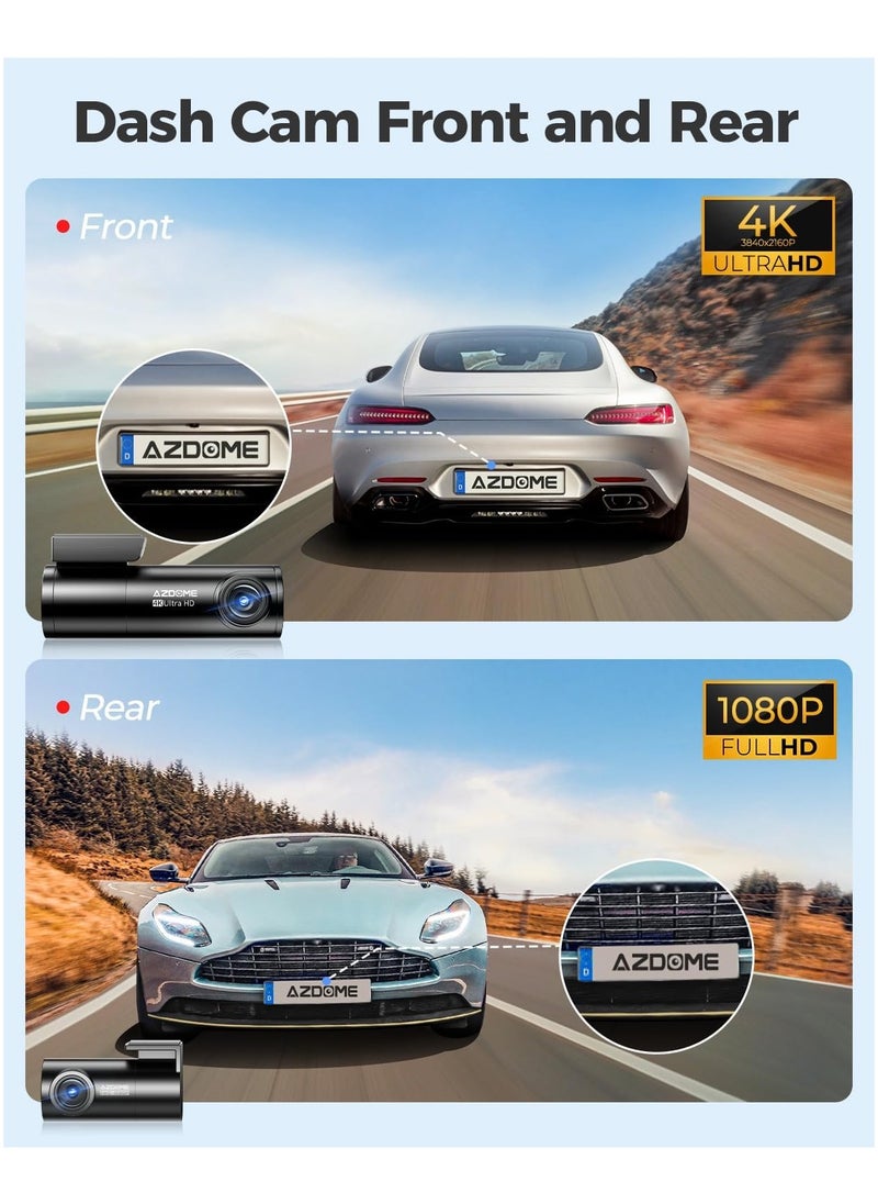 AZDOME - 4K Front+ Rear Dash Cam M300S with WiFi, 170° Dash Cam Front and Rear GPS Voice Control WDR Night Vision G-Sensor 24H Parking Monitor, 64GB SD Card included - Image 1