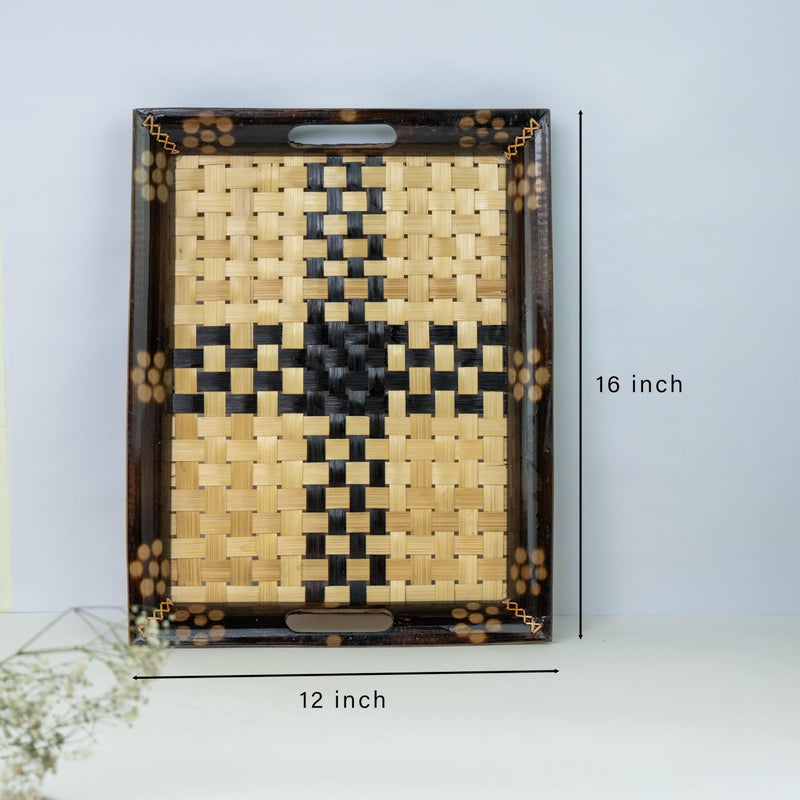 JUNSU CRAFT RA Handmade Bamboo & Wood VIP Jali Tray | Eco-Friendly Curved Tray | Rectangular Serving Tray for Home, Kitchen, Restaurant, Hotel & Resort | Size - 16 x 12 inch - Image 2