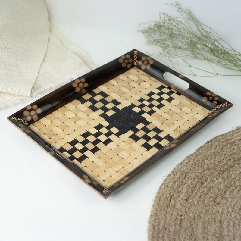 JUNSU CRAFT RA Handmade Bamboo & Wood VIP Jali Tray | Eco-Friendly Curved Tray | Rectangular Serving Tray for Home, Kitchen, Restaurant, Hotel & Resort | Size - 16 x 12 inch - Image 3