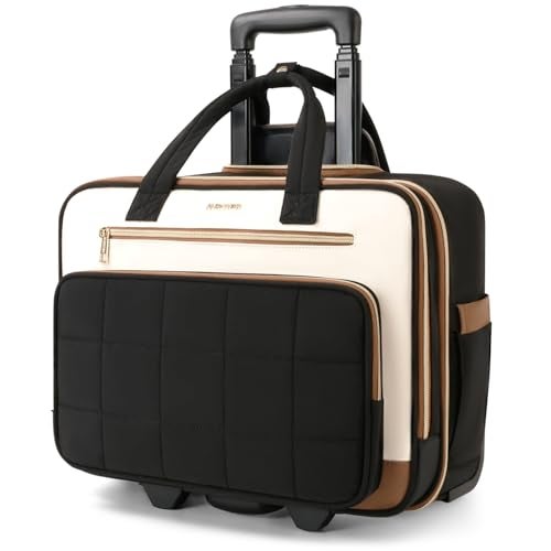 AUROTIER Rolling Puffer Laptop Bag, Rolling Briefcase for Women, Wheeled 16 Inch Computer Bag, Water Resistant Stylish Overnight Underseat Carry On Luggage with Wheels for Work Travel Business, Beige Brown - Image 1