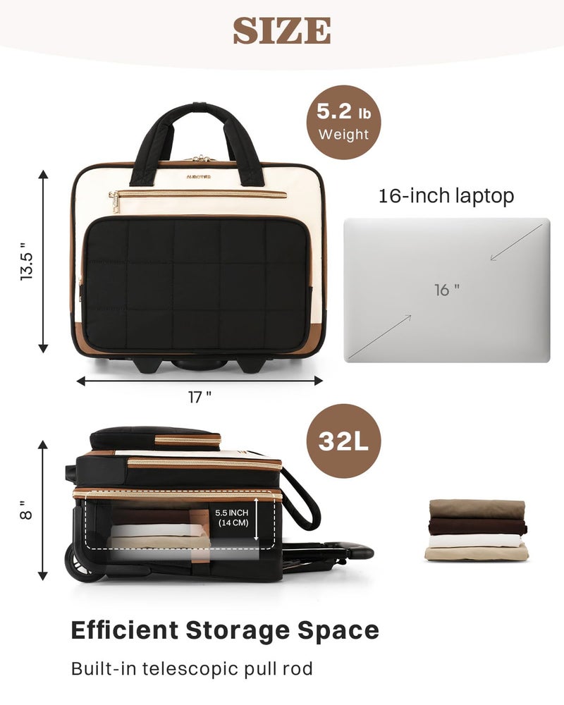 AUROTIER Rolling Puffer Laptop Bag, Rolling Briefcase for Women, Wheeled 16 Inch Computer Bag, Water Resistant Stylish Overnight Underseat Carry On Luggage with Wheels for Work Travel Business, Beige Brown - Image 5
