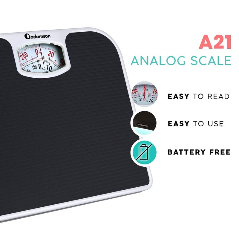 Adamson A21 Analog Scales for Body Weight  Up to 300 LB  New 2024  AntiSkid Rubber Surface  Large Numbers  Analog Bathroom Scale  Affordable  Durable with 20Year Warranty  Black - Image 2