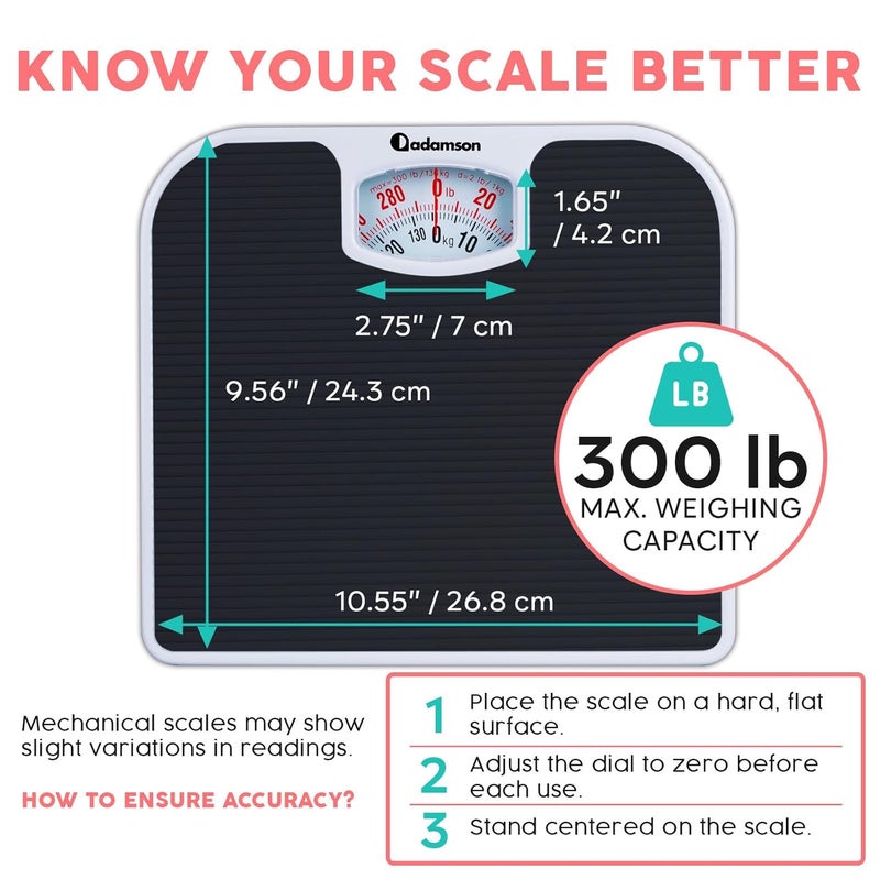 Adamson A21 Analog Scales for Body Weight  Up to 300 LB  New 2024  AntiSkid Rubber Surface  Large Numbers  Analog Bathroom Scale  Affordable  Durable with 20Year Warranty  Black - Image 4