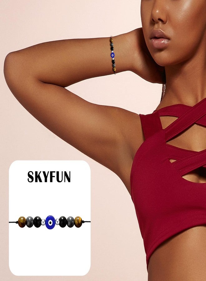 SKYFUN Triple Protection Bracelet for Men Women Mens Tiger eye and Evil Eye Bracelet Black Tourmaline Hematite Obsidian Bracelets Natural Stone Strength Balance Spiritual Jewelry Gift for Her Him - Image 4
