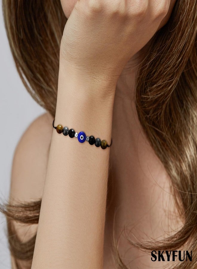 SKYFUN Triple Protection Bracelet for Men Women Mens Tiger eye and Evil Eye Bracelet Black Tourmaline Hematite Obsidian Bracelets Natural Stone Strength Balance Spiritual Jewelry Gift for Her Him - Image 2