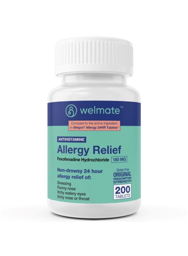 WELMATE Allergy Relief | Fexofenadine HCl 180 mg | Non-Drowsy Antihistamine | 200 Count Tablets - Image 1