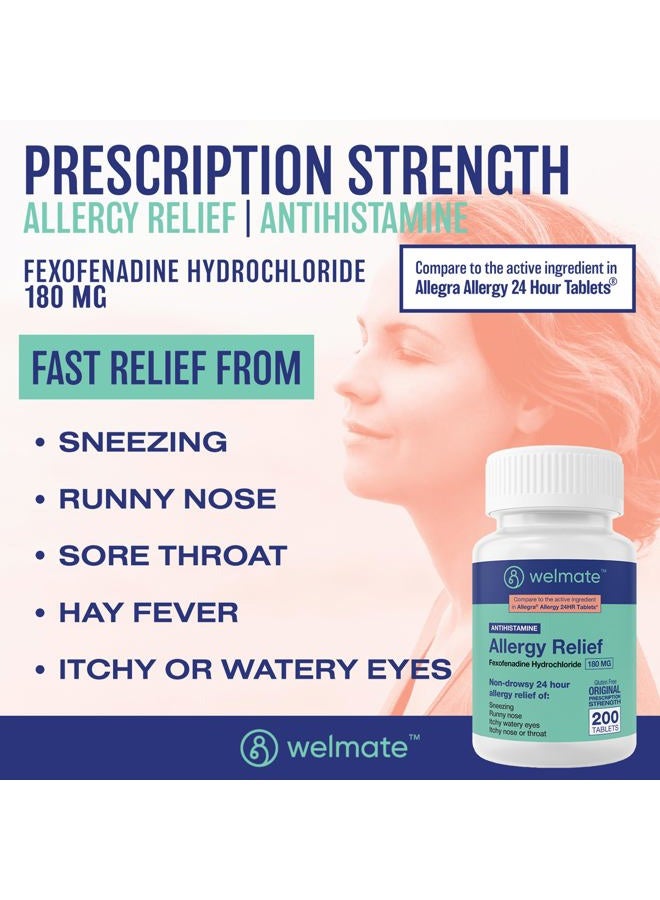 WELMATE Allergy Relief | Fexofenadine HCl 180 mg | Non-Drowsy Antihistamine | 200 Count Tablets - Image 2