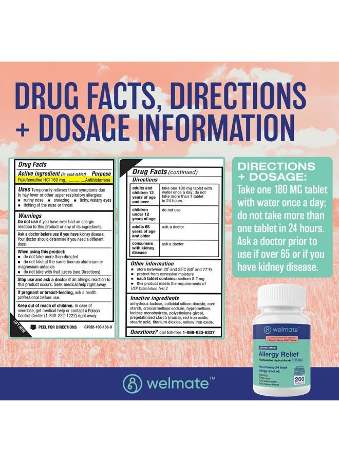 WELMATE Allergy Relief | Fexofenadine HCl 180 mg | Non-Drowsy Antihistamine | 200 Count Tablets - Image 5