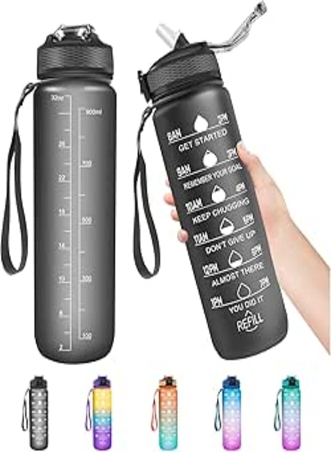 1 Litre Water Bottle with Straw, Time Markings Motivational Sport Water Bottle, Bpa Free Tritan Drinks Bottle for Girls, Boy, Fitness, Outdoor, Cycling, Gym, School & Office (Black)