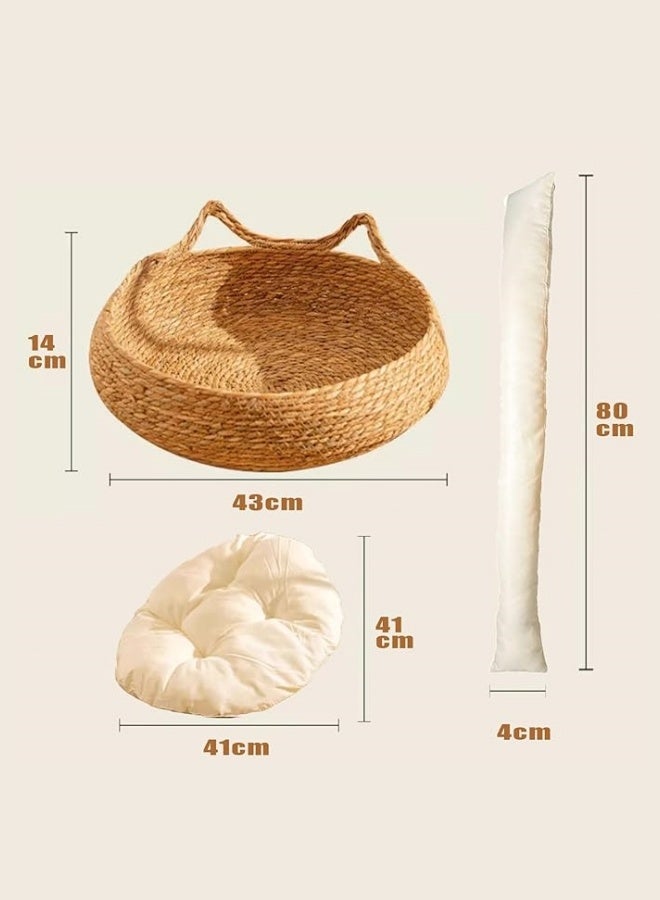 Generic Hand-Made Rattan Round Cat Bed, Cute Woven Pets House with Soft Cushion, Used as Cat Scratching Board, Removable and Washable Natural Wicker Pet House for Cats or Small Dogs  - Image 2