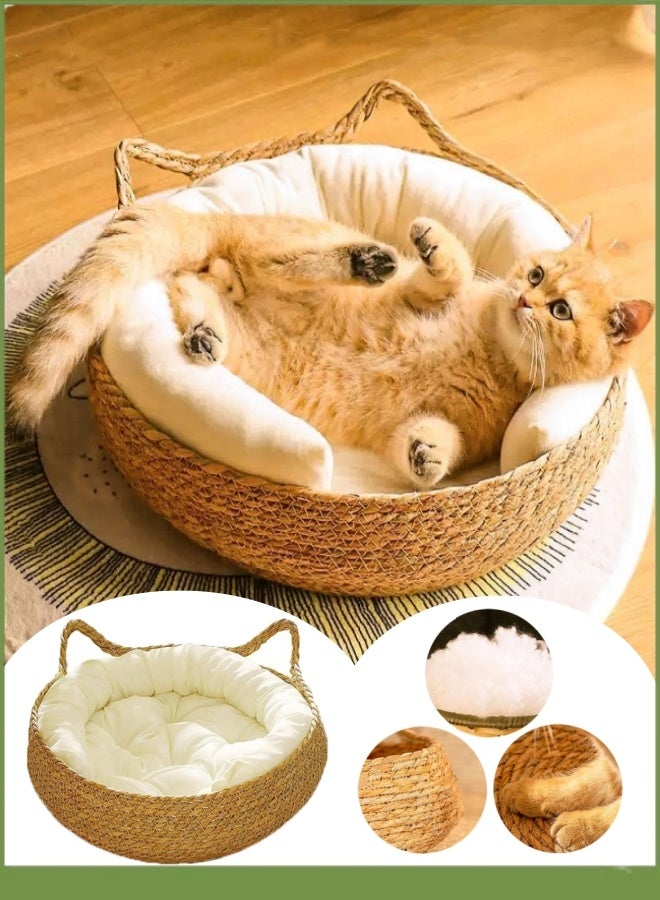 Generic Hand-Made Rattan Round Cat Bed, Cute Woven Pets House with Soft Cushion, Used as Cat Scratching Board, Removable and Washable Natural Wicker Pet House for Cats or Small Dogs  - Image 1