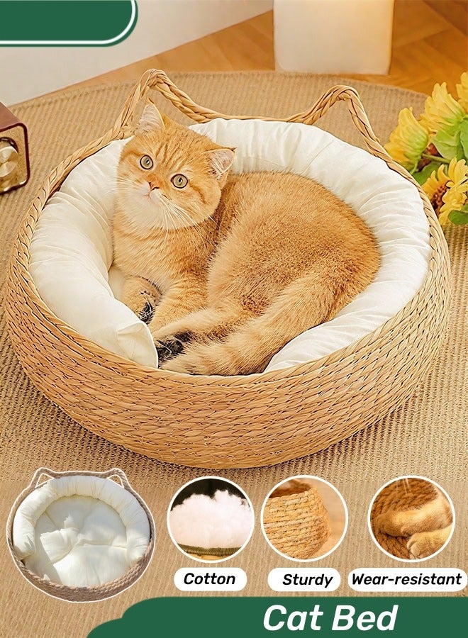 Cat Beds For Indoor Cats,Rattan Round Cat Bed, Cute Woven Pets House with Soft Cushion, Used as Cat Scratching Board, Removable and Washable Natural Wicker Pet House for Cats or Small Dogs - Image 1