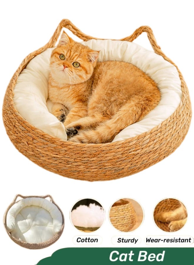 Rattan Cat Bed with Cushion, Round Woven Pet Bed Cat Bed Basket with Cushion  Weaving Pet Sleeping Nest, Natural Wicker Pet House, Used as Cat Scratching Board, for Cats, Puppies Small Pets - Image 1