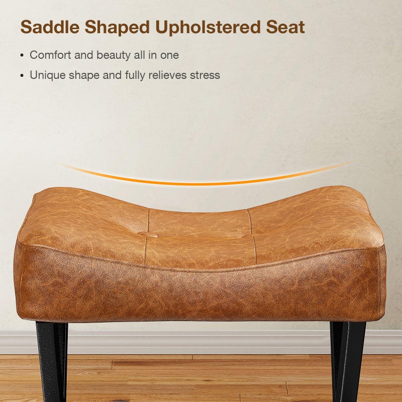 Memobarco 18-Inch Leather Vanity Stool Chair, Vanity Bench with Metal X-Leg, Ottoman Accent Stool with Thick Padded Saddle Seat, Brown - Image 3