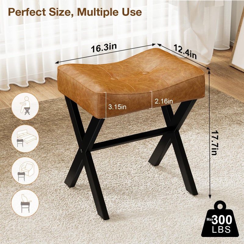 Memobarco 18-Inch Leather Vanity Stool Chair, Vanity Bench with Metal X-Leg, Ottoman Accent Stool with Thick Padded Saddle Seat, Brown - Image 2
