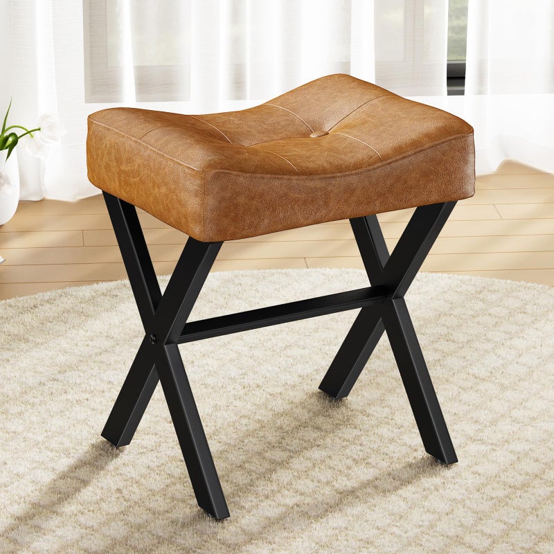 Memobarco 18-Inch Leather Vanity Stool Chair, Vanity Bench with Metal X-Leg, Ottoman Accent Stool with Thick Padded Saddle Seat, Brown - Image 1