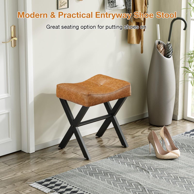 Memobarco 18-Inch Leather Vanity Stool Chair, Vanity Bench with Metal X-Leg, Ottoman Accent Stool with Thick Padded Saddle Seat, Brown - Image 5