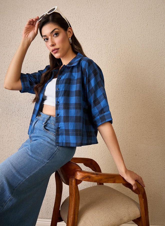 CHIMPAAANZEE Women Buffalo Checked Spread Collar Casual Shirt - Image 1