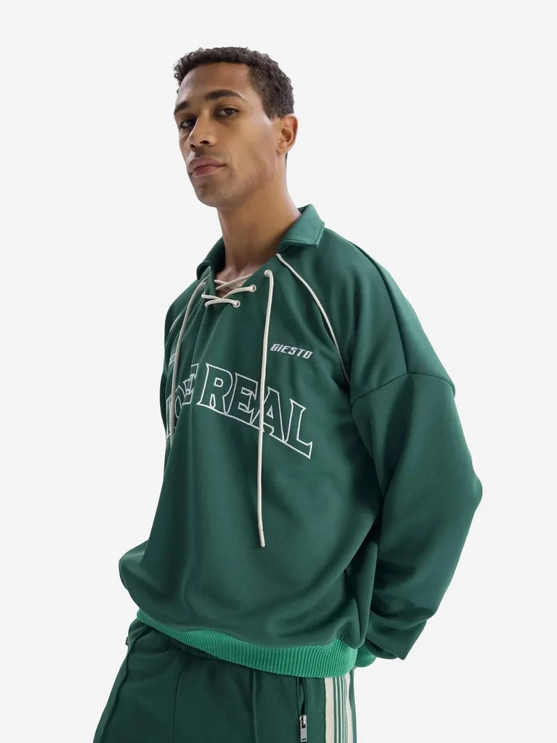 Giesto Pine Green GIESTO Drawstring Neckline Printed Sweatshirt for Men | Best Price UAE