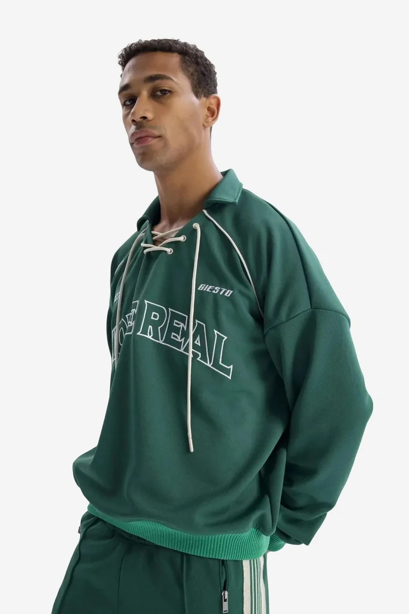 Giesto Pine Green GIESTO Drawstring Neckline Printed Sweatshirt for Men | Best Price UAE