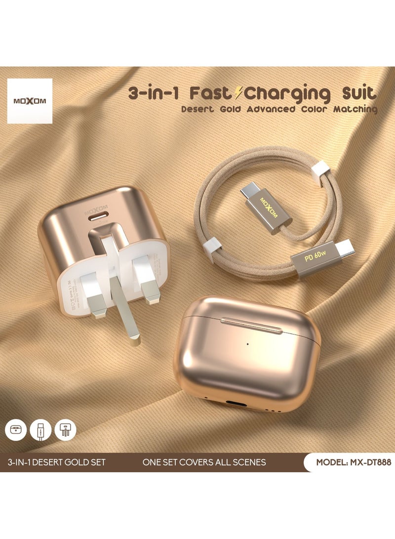 MOXOM MX-DT888 wireless earbuds [3-IN-1], In-Ear 5.3 Bluetooth Earbuds Touch Control 30 Playtime, Light-Weight Earphones with charger and cable, Noise Cancelling Earbuds [DESERT GOLD] - Image 2