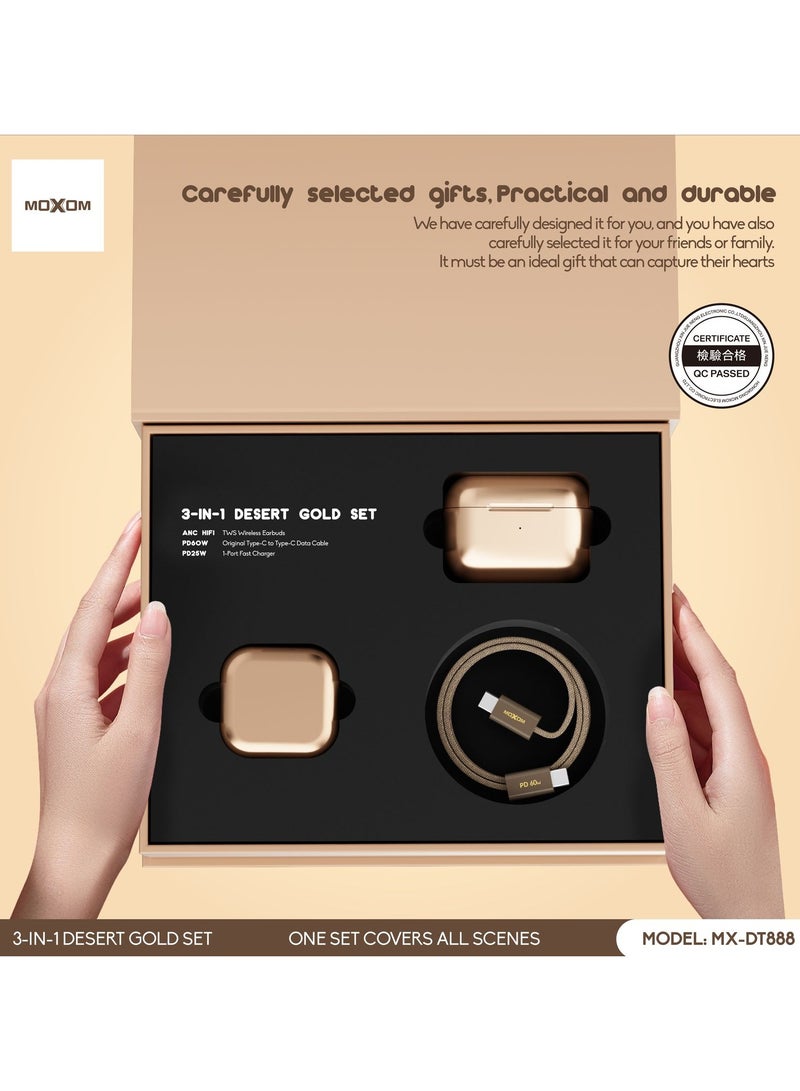 MOXOM MX-DT888 wireless earbuds [3-IN-1], In-Ear 5.3 Bluetooth Earbuds Touch Control 30 Playtime, Light-Weight Earphones with charger and cable, Noise Cancelling Earbuds [DESERT GOLD] - Image 4