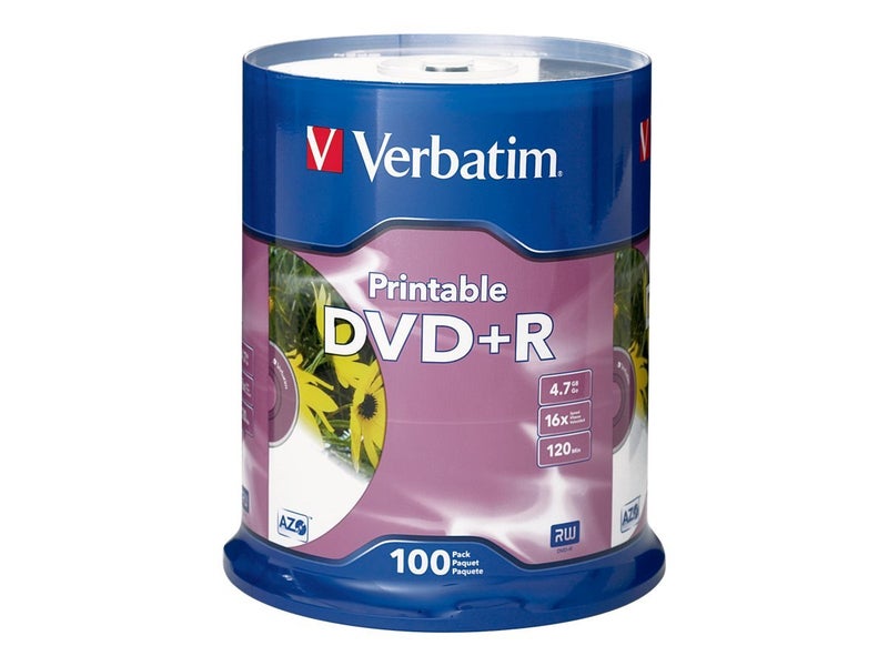 VERBATIM قرص DVD+R سعة 4.7GB سرعة 16X قابل للطباعة بالحبر الأبيض - 100 حبة في علبة اسطوانية - Image 1
