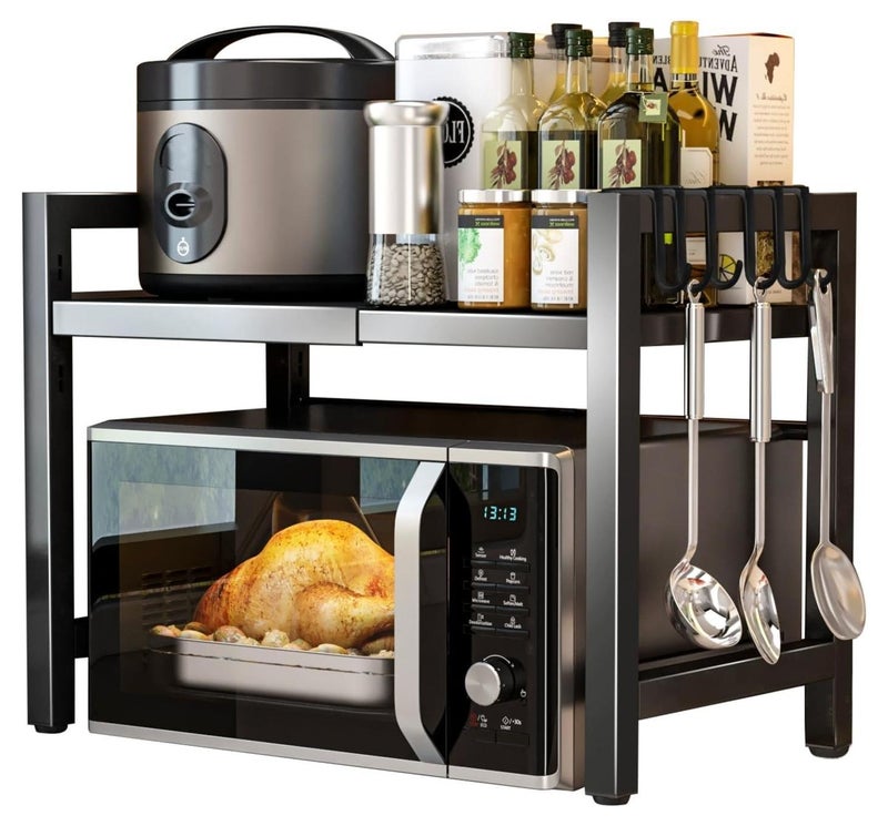 رف الميكروويف، رف ميكروويف ذو طبقتين، حامل تخزين لفرن الميكروويف، رف زاوية المطبخ، رف طابعة مكتبي، رف خباز (أسود) - Image 1